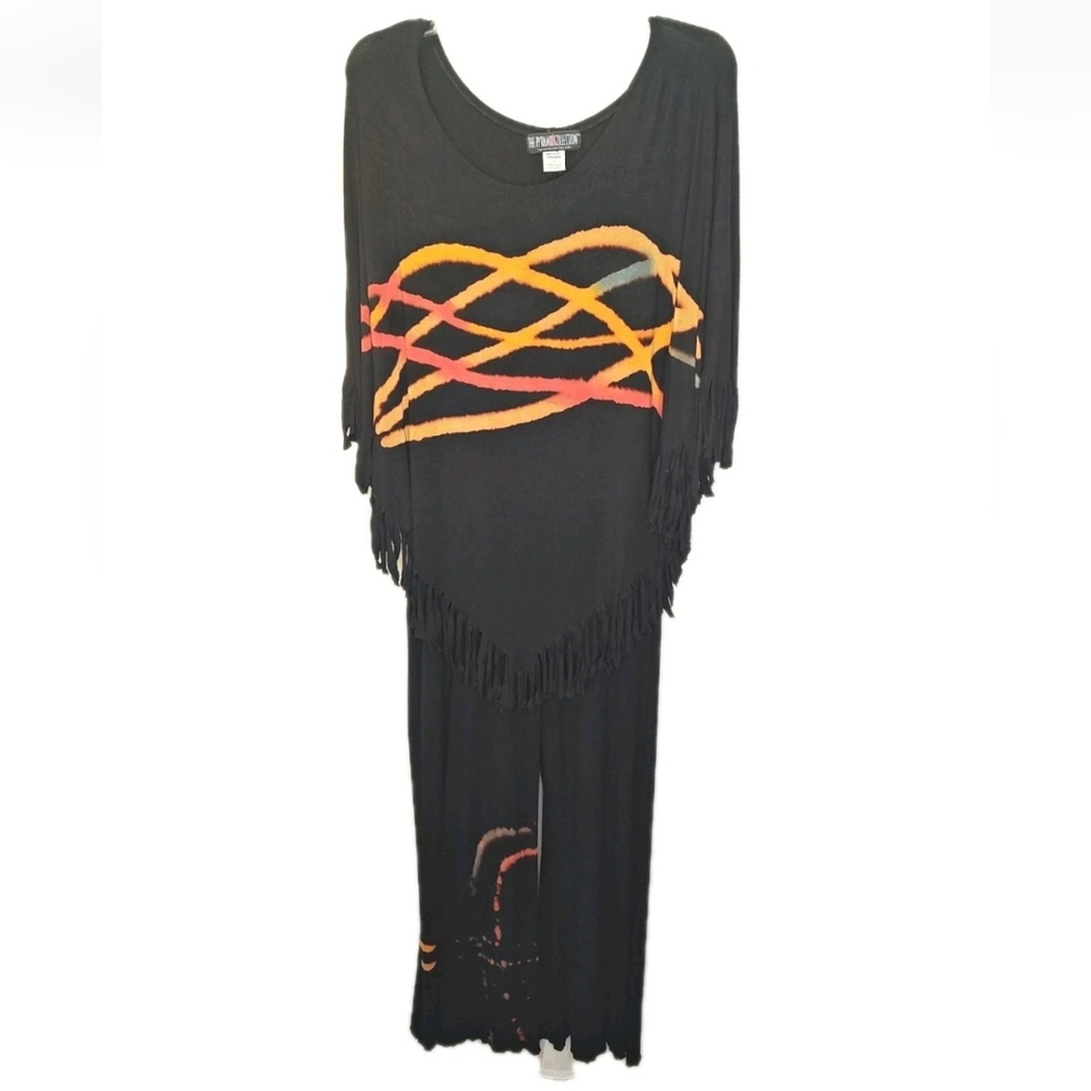 Vtg Fringe Poncho Top Bell Bottom Pants Lg Black Boho Whimisgoth Festival Artsy